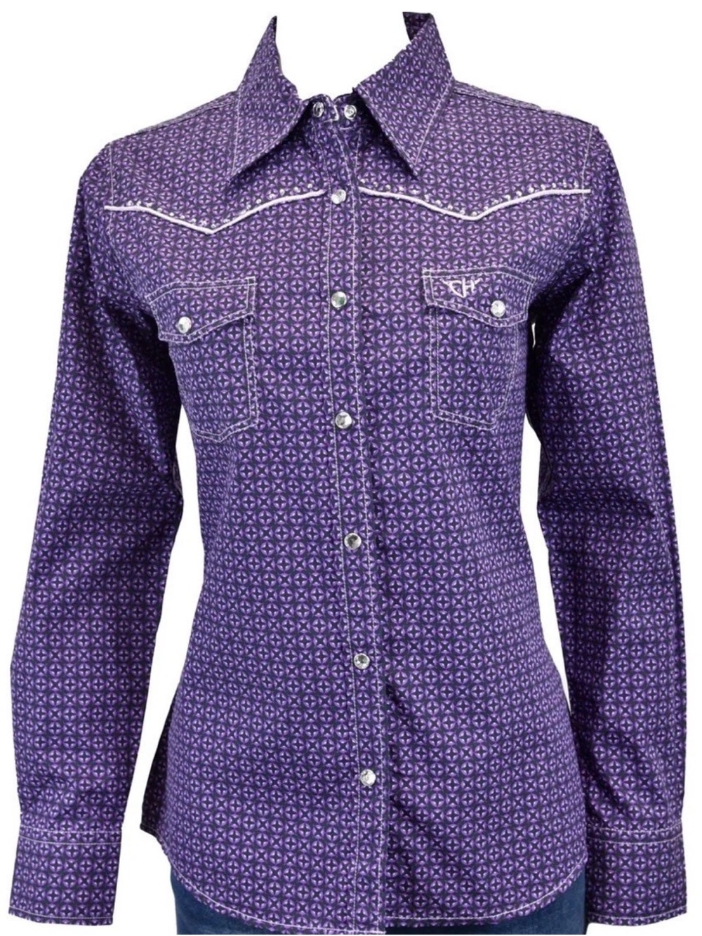 Cowgirl Hardware Women’s Purple Geometric Rhinestone Western Snap Shirt XL